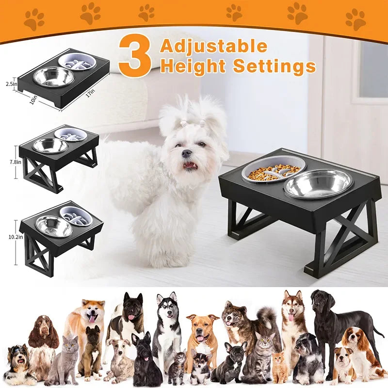 Dog Elevated Bowls Stand Adjustable Height Slow Feeding