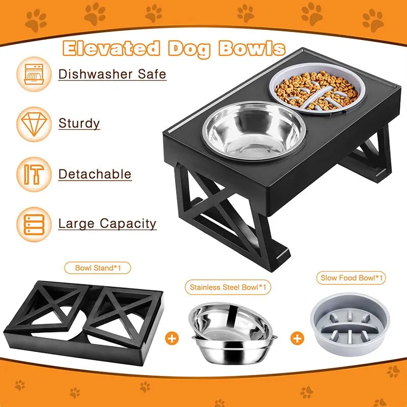 Dog Elevated Bowls Stand Adjustable Height Slow Feeding